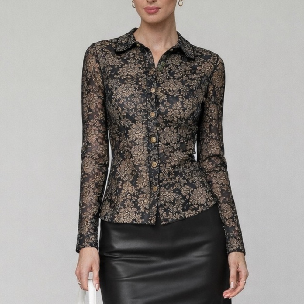 🆕✨ Ramy Brook New York Black & Gold Metallic Lace Blouse Top Size M NWT Party
